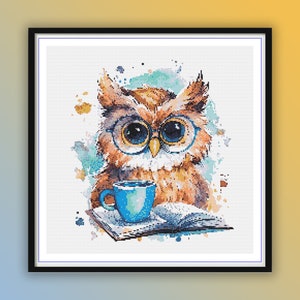 Adorable Bookworm Owl Watercolor Cross Stitch Pattern - Vintage-Inspired Embroidery Design PDF