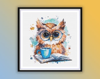 Watercolor Bookworm Owl Counted Cross Stitch PDF Pattern, Cute Owl Studying, Vintage Books, Modern Cross Stitch, Hand Embroidery