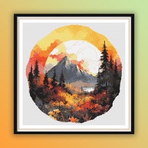 Aquarell Retro Sommer Sonnenuntergang Kreuzstich PDF Muster, Berge Landschaft, moderne Kreuzstichvorlage, Handstickerei