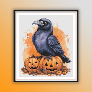 May include: A black raven perched on top of two orange jack-o'-lantern pumpkins with carved faces. The raven has a dark gray beak and black eyes. The background is a watercolor wash of orange and yellow.