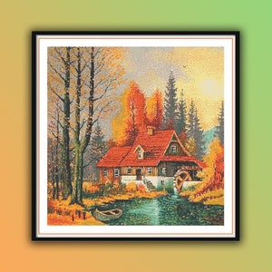 Könnte beinhalten: Ein Gemälde, das ein rotes und braunes Haus mit einem Wasserrad davor zeigt. Das Haus ist von Bäumen mit Herbstlaub umgeben. Ein kleines Boot befindet sich im Wasser vor dem Haus.
