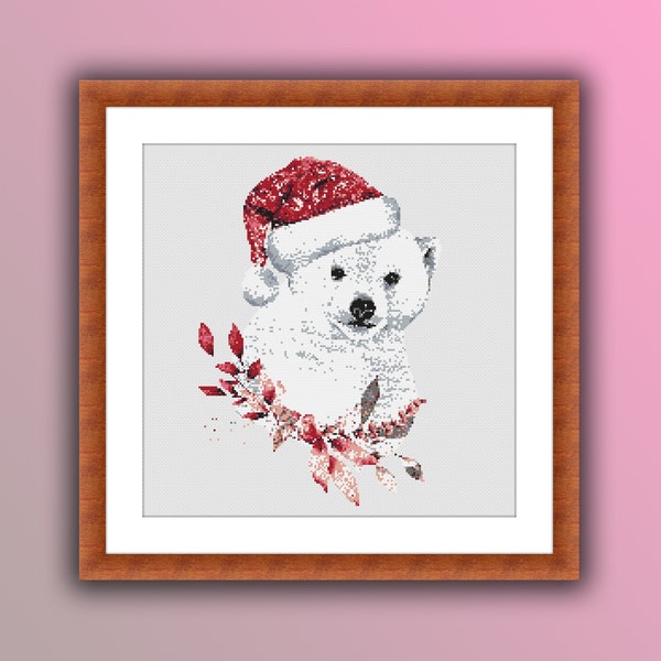 Christmas Polar Bear Counted Cross Stitch PDF Pattern, Animals Cross Stitch, Winter Animals, Merry Christmas Cross Stitch Pattern