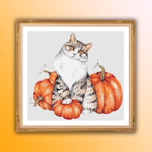Charming Autumn Cat & Pumpkin Cross Stitch Pattern - Halloween Themed PDF for Cozy Fall Crafting