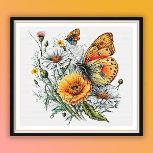 Aquarel monarchvlinder en bloemen getelde kruissteek pdf-patroon, lentebloemen, handborduurwerk, moderne kruissteektabel