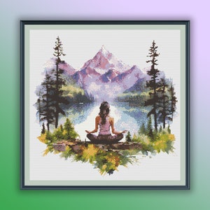Serene Watercolor Yoga Woman by Lake Cross Stitch Pattern - Spiritual Embroidery Chart PDF