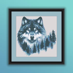 Kreuzstich PDF Muster, Aquarell Wald Wolf, Kiefernwald Landschaft, Wilde Tiere, moderne Kreuzstichvorlage, Handstickerei