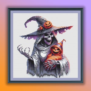 Aquarel enge Halloween moeder en baby getelde kruissteek pdf-patroon, halloweenheks, moderne kruissteekkaart, handborduurwerk