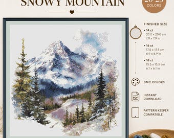 Watercolor Pine Forest Mountains Cross Stitch Pattern: Snowy Winter Landscape Embroidery PDF