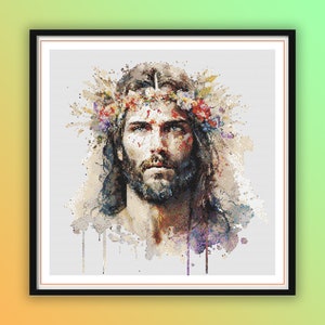 Watercolor Jesus Floral Crown Counted Cross Stitch Pattern - Religious Embroidery PDF Download