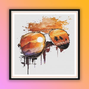 Tropical Sunset Beach Sunglasses Watercolor Cross Stitch Pattern - Modern Hand Embroidery PDF