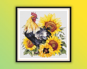 Watercolor Chicken and Sunflowers Counted Cross Stitch PDF Pattern, Farm Animals, Sunflowers Field, Modern Cross Stitch Chart