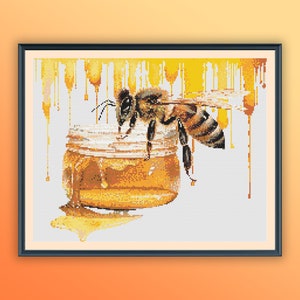 Watercolor Honey Bee Cross Stitch Pattern: Modern Embroidery Chart for Queen and Bumble Bees