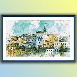 Seaside Old Town Counted Cross Stitch PDF Pattern, Summer Seascape Cross Stitch, Seaside Landscape, Rustic Summer Town Houses