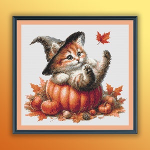 Watercolor Halloween Witch Kitten Counted Cross Stitch PDF Pattern, Animals with Fall Pumpkins, Hand Embroidery, Modern Cross Stitch Chart