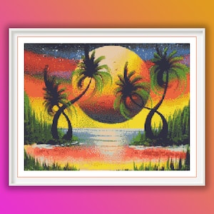 Mystical Forest Moonlight Cross Stitch Pattern: Watercolor Northern Lights Lake Landscape PDF