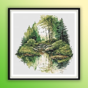 Aquarel regenwoudlandschap getelde kruissteek pdf-patroon, meer en bos, bosbos, moderne kruissteektabel