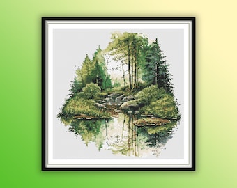 Serene Watercolor Rainforest Lake & Forest Cross Stitch Pattern - PDF Download for Nature Enthusiasts