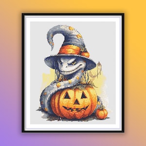 May include: A white snake wearing a witch's hat and holding a carved pumpkin. The snake is curled around the pumpkin, which has a jack-o'-lantern face. The background is a light yellow.