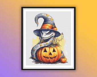 ハロウィン魔女ナマケモノのクロスステッチパターン：秋のクラフトに