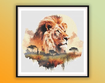 Watercolor Savanna Lion Counted Cross Stitch PDF Pattern, King of The Forest, Wild Animals, African Animals, Safari Animals