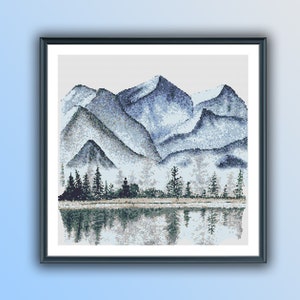 Aquarell Kiefernwald und Berge PDF Kreuzstichmuster, Regenwald Landschaft Kreuzstichmuster, moderne Kreuzstichvorlage