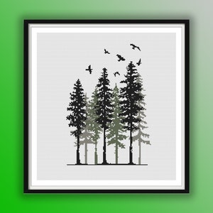 Waldlandschaft Kreuzstichmuster: Aquarell Kiefern, Vögel, und Berglandschaft PDF