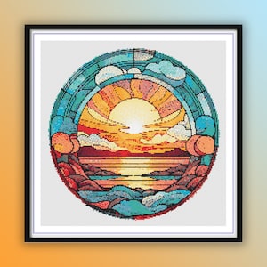 Vibrant Beach Sunset Cross Stitch Pattern: Stained Glass-Inspired Tropical Landscape Embroidery PDF