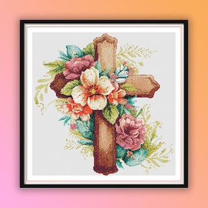 Watercolor Floral Christian Cross Stitch Pattern: Digital PDF Embroidery Design with Religious Motifs