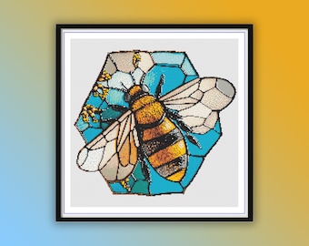 Watercolor Stained Glass Honey Bee Counted Cross Stitch Pattern - Modern Embroidery PDF Download
