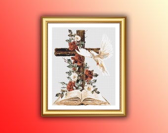 Floral Christian Cross Stitch Pattern: PDF Embroidery Design with Dove for Religious Decor