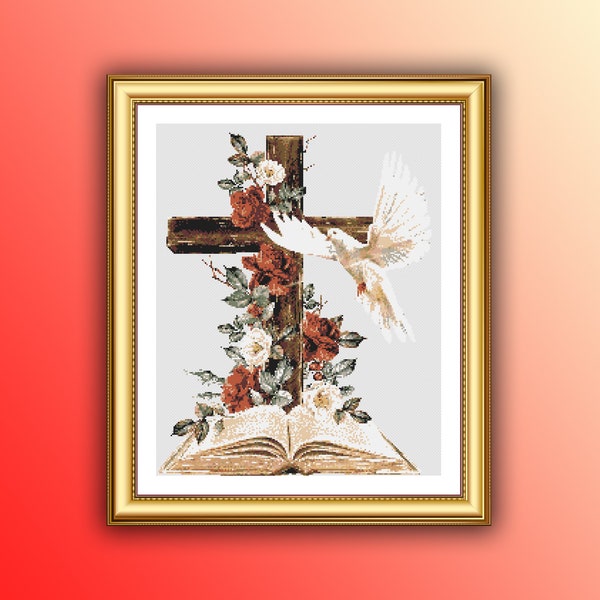 Christian Cross Counted Cross Stitch PDF Pattern mit Blumen und Taube, religiöses Handstickerei-Design, Blumenstrauß Kreuz