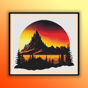 Aquarell See und Berge PDF Kreuzstichmuster, Herbst Sonnenuntergang Landschaft, Handstickerei, moderne Kreuzstichvorlage