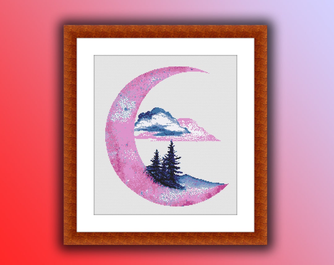 Watercolor Moon and Forest Landscape Counted Cross Stitch PDF Pattern ...