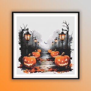 May include: A cross-stitch pattern of a spooky Halloween scene with a path lined with jack-o'-lantern pumpkins and streetlights. The path leads into a foggy forest.
