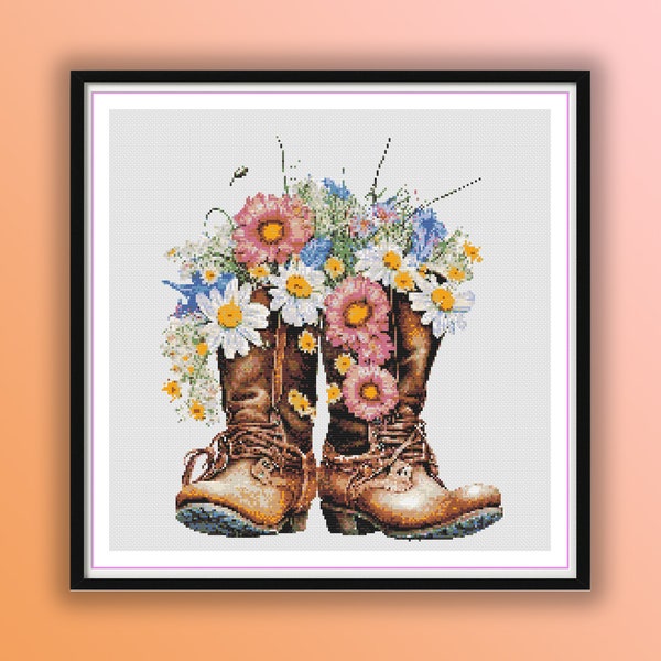 Watercolor Floral Cowboy Boots Counted Cross Stitch PDF Pattern, Bouquet Cross Stitch, Gerbera Flower, Spring Flowers, Daisy Flowers