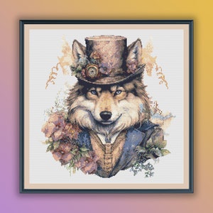 Aquarell Viktorian Wolf PDF Stickmuster, wilde Waldtiere, moderne Kreuzstichvorlage, Handstickerei