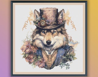 Patrón de punto de cruz de acuarela de lobo victoriano: gráfico de bordado de vida silvestre del bosque encantado (PDF)