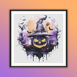 Spooky Watercolor Halloween Landscape Cross Stitch Pattern: Witch, Pumpkin, Haunted House PDF