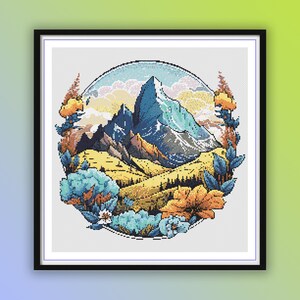 Aquarell Frühling Felder und Berge Landschaft Kreuzstich PDF Muster, Highland Frühling Natur, Handstickerei, Nadelspitze