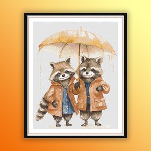 Patrón de punto de cruz en PDF contado de pareja de mapaches bajo la lluvia, animales del bosque otoñal, bordado a mano, gráfico de punto de cruz moderno