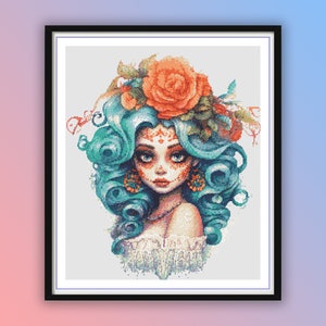 Aquarel La Catrina getelde kruissteek pdf-patroon, dag van de dode vrouw, vrouw Dia de los Muertos, moderne kruissteekkaart