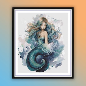 Watercolor Mermaid Ocean Life Cross Stitch Pattern: Aquarium-Inspired PDF for Underwater Scenes