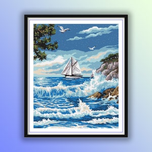 Watercolor Ocean Waves Counted Cross Stitch Pattern: Summer Seascape Landscape Embroidery PDF Download
