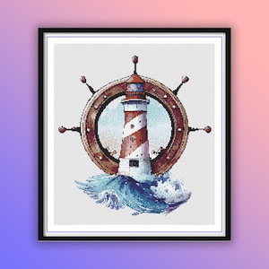 Watercolor Lighthouse Cross Stitch Pattern: Seascape Wheel (PDF Pattern)