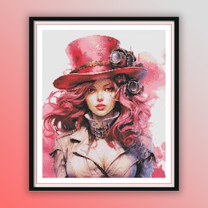 Watercolor Steampunk Girl Cross Stitch Pattern: Modern Embroidery (PDF Pattern)