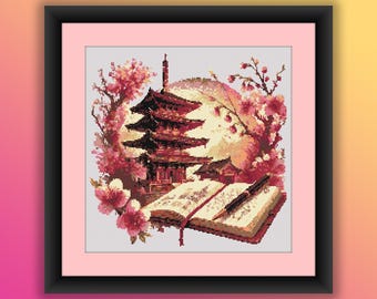 Serene Japanese Watercolor Landscape Cross Stitch Pattern: Fuji, Sakura, Minka House, Bonsai