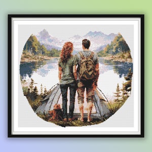 Aquarell Flitterwochen Paar beim Camping Kreuzstich PDF Muster, See und Wald Landschaft, See und Berge, Handstickerei