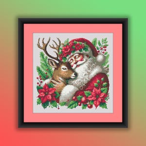 May include: Santa Claus with a white beard and red hat is hugging a brown reindeer. They are surrounded by green leaves, red poinsettia flowers, and red berries.