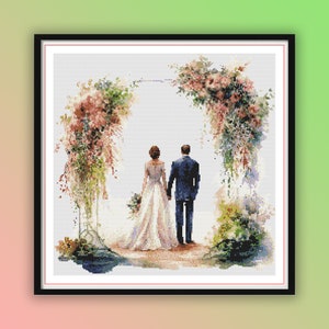 Watercolor Bride and Groom at The Love Gateway Counted Cross Stitch PDF Pattern, Valentine's Day, Wedding Cross Stitch, Hand Embroidery