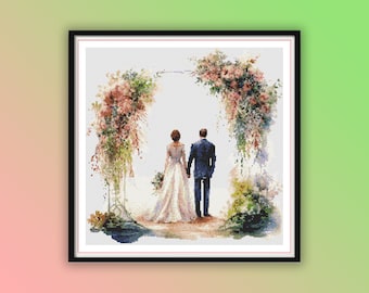Romantic Watercolor Bride & Groom Love Gateway Cross Stitch Pattern - Valentine's Day Wedding Embroidery